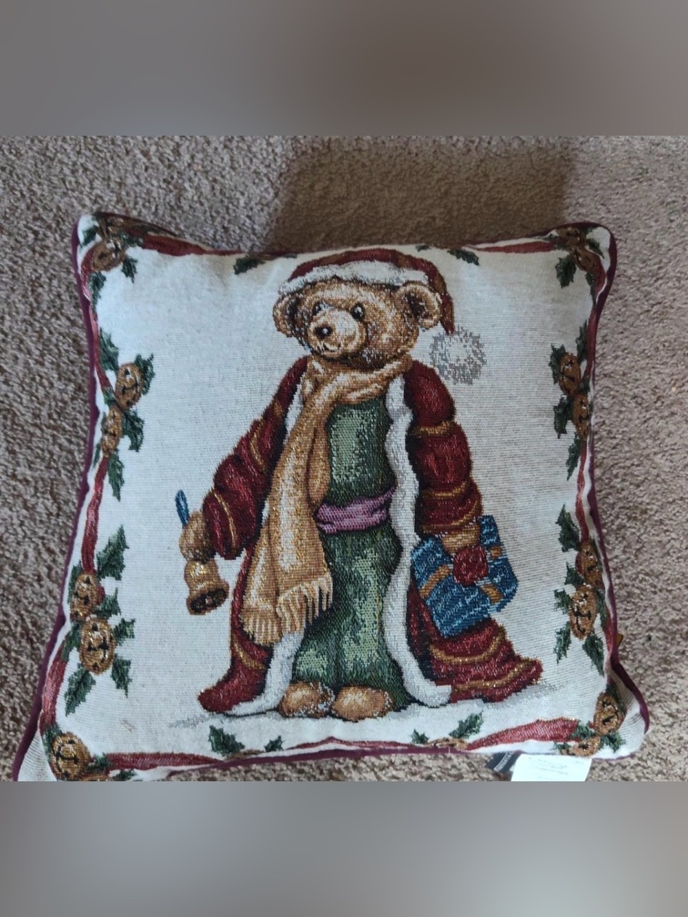 Holiday Teddy Bear Decorative Pillow in Red, Green, Cream